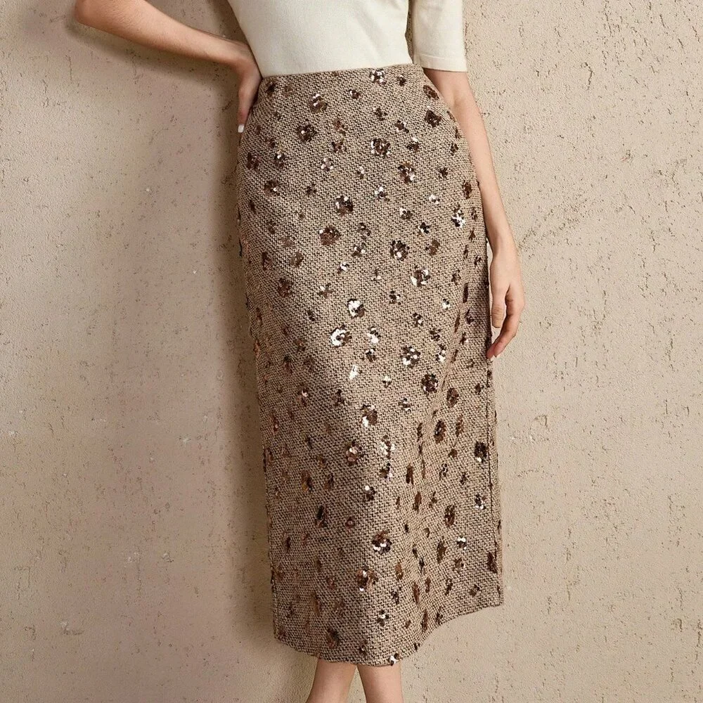 Gold Elegant Women's High Waist Floral Sequin Decor Straight Loose Skirt Skirts